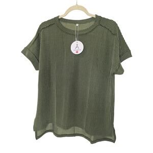 Anrabess Green Ribbed Short Sleeve Casual T Shirt Womens Size Large
